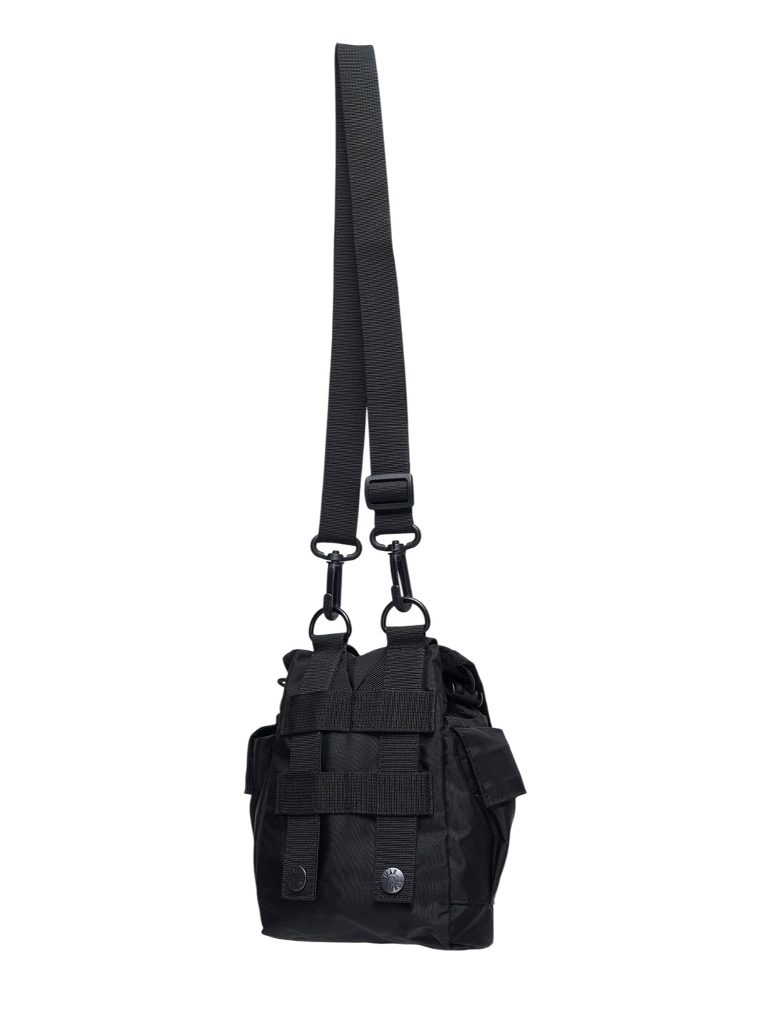 Human Made Military Pouch #1 in black nylon, featuring woven webbing harness, dual D-ring attachments, buckle-release closure, and a detachable adjustable shoulder strap, shown on a white background - view 2