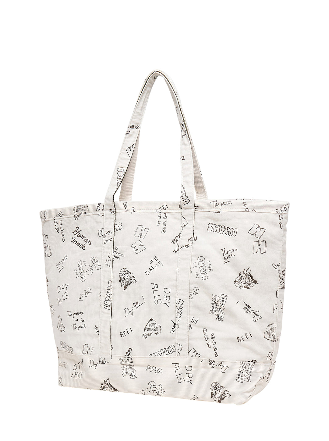 Human Made ivory corduroy tote bag with all-over hand-drawn Dry Alls graphics and an embroidered red heart logo - view 2