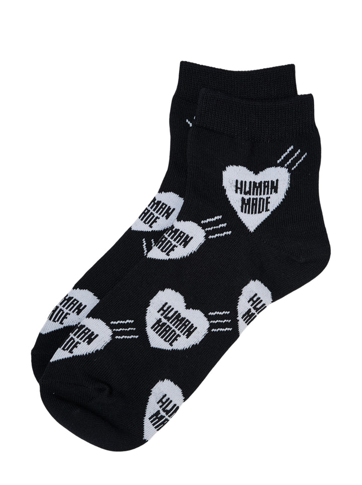 Human Made Heart Short Socks in black with all-over white arrow-through-heart logo repeat and ribbed ankle cuff