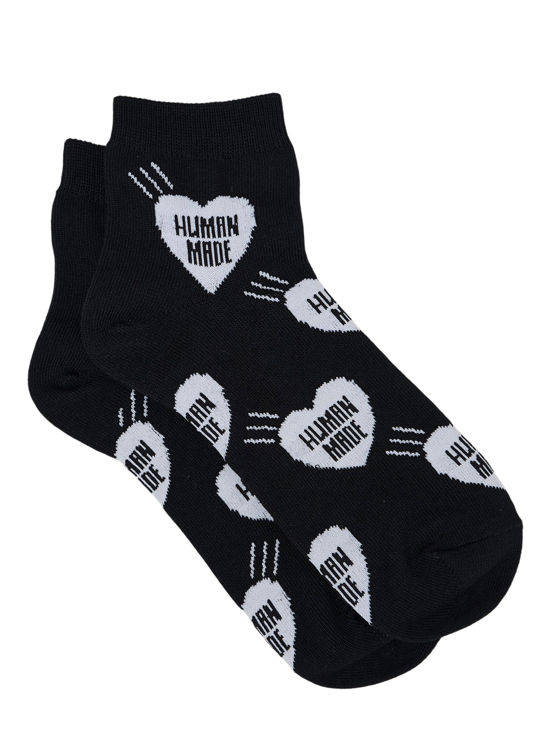 Human Made Heart Short Socks in black with all-over white arrow-through-heart logo repeat and ribbed ankle cuff - view 2