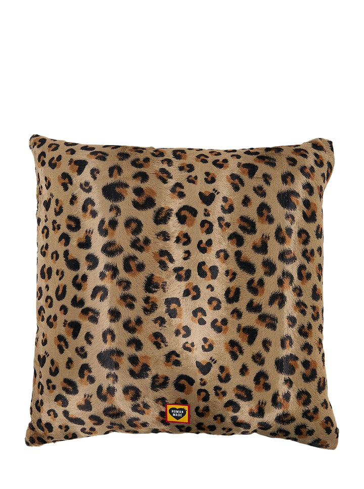Square leopard-print cushion with cream embroidered Human Made script logo inside a heart outline - view 2