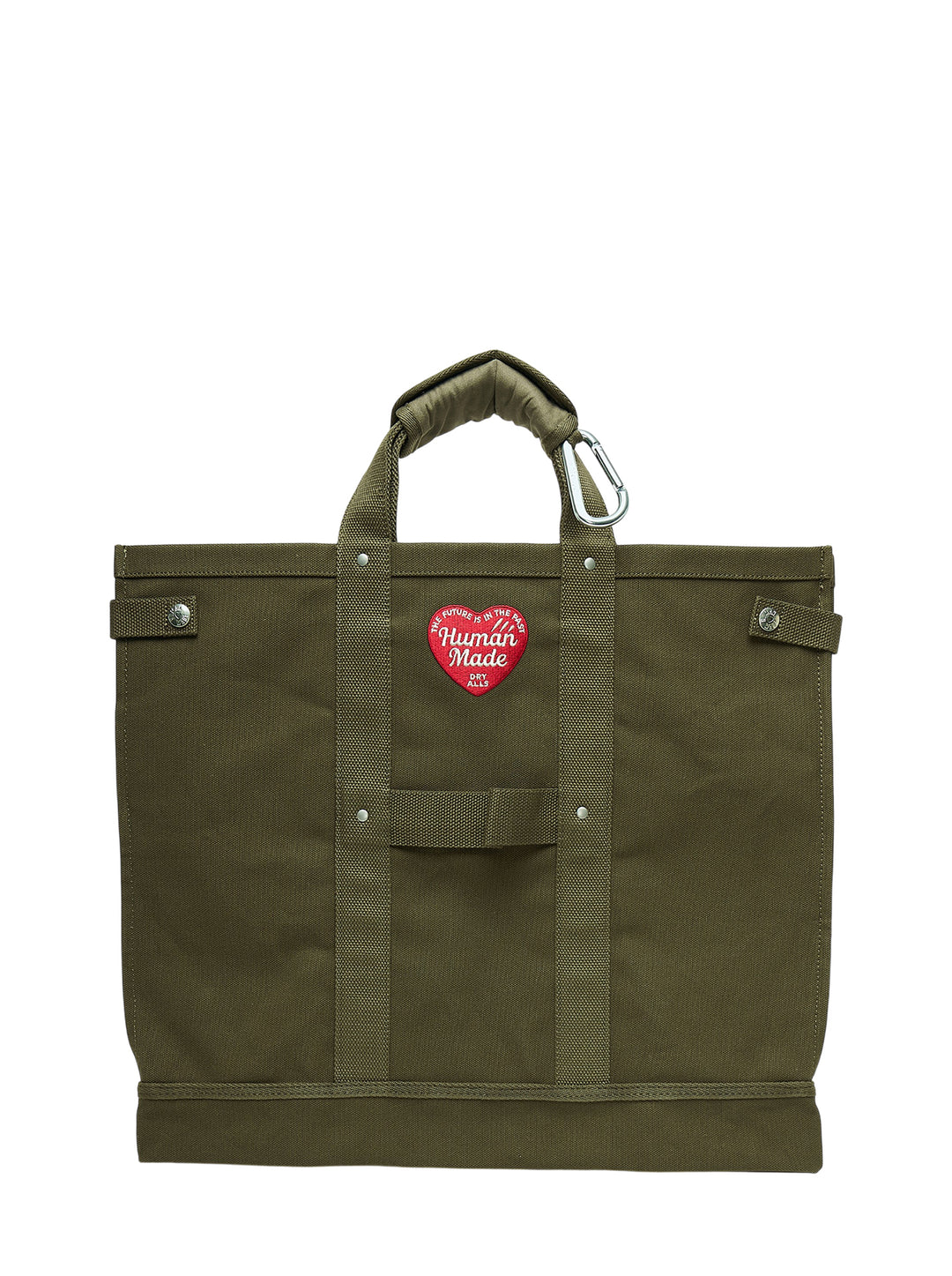 Human Made large olive green canvas tote bag with padded handles, silver carabiner clip, snap-button side tabs and red heart logo patch