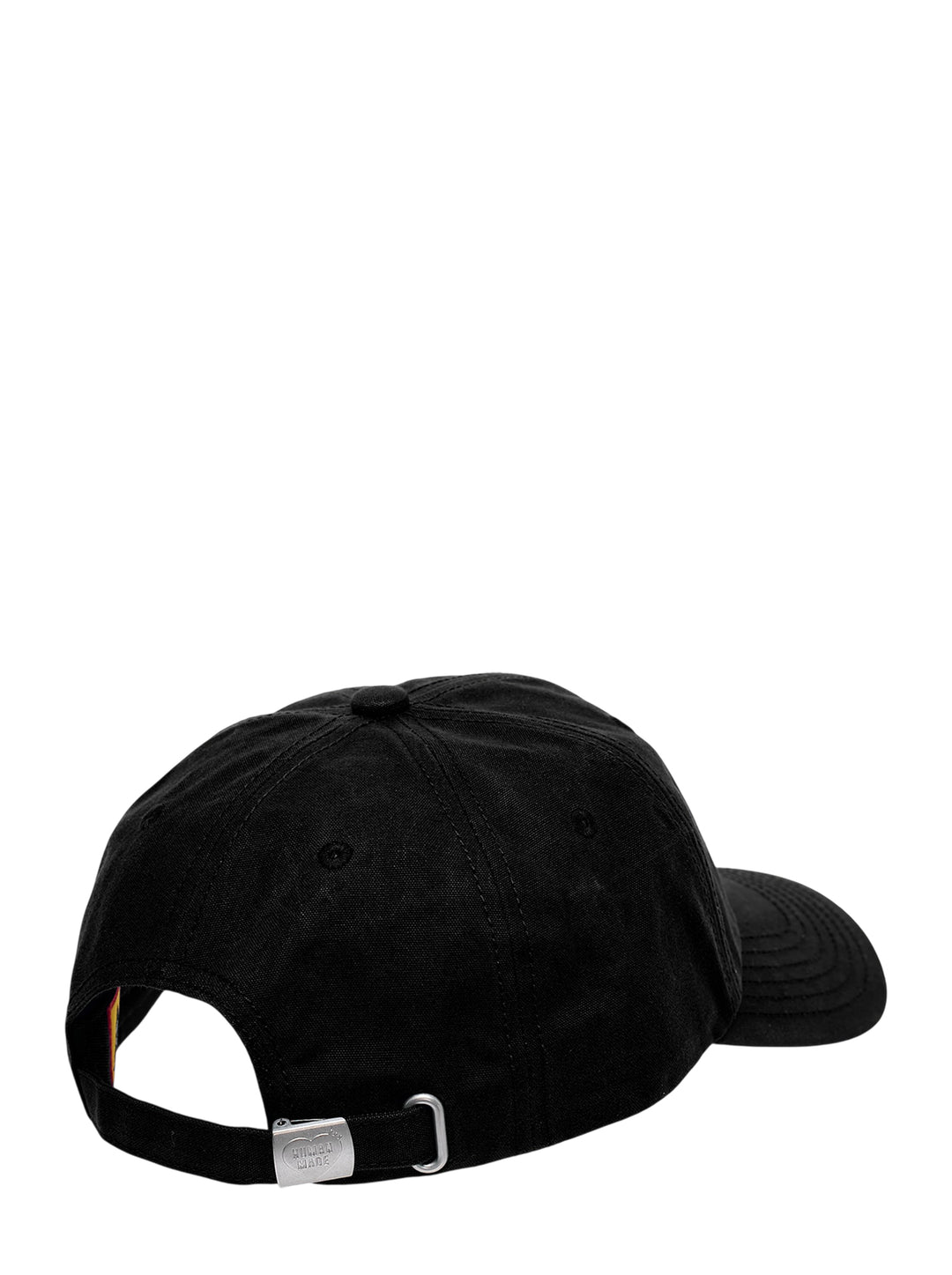 Human Made black 6-panel canvas cap with cream script logo embroidery on the front, shown from the front view - view 2