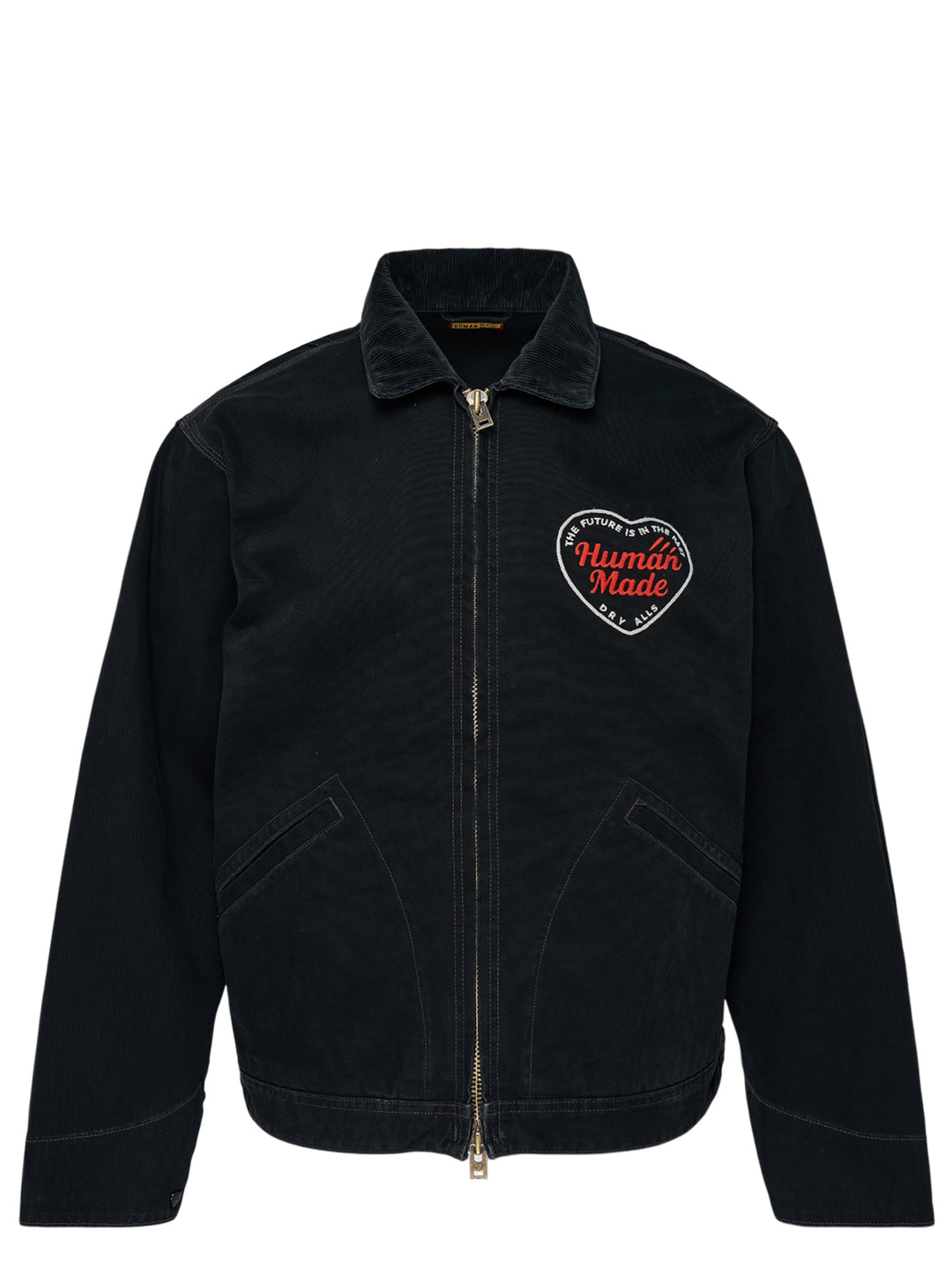 Human Made black zip-up work jacket with corduroy collar, brass two-way zip and embroidered red and white heart logo patch on the chest