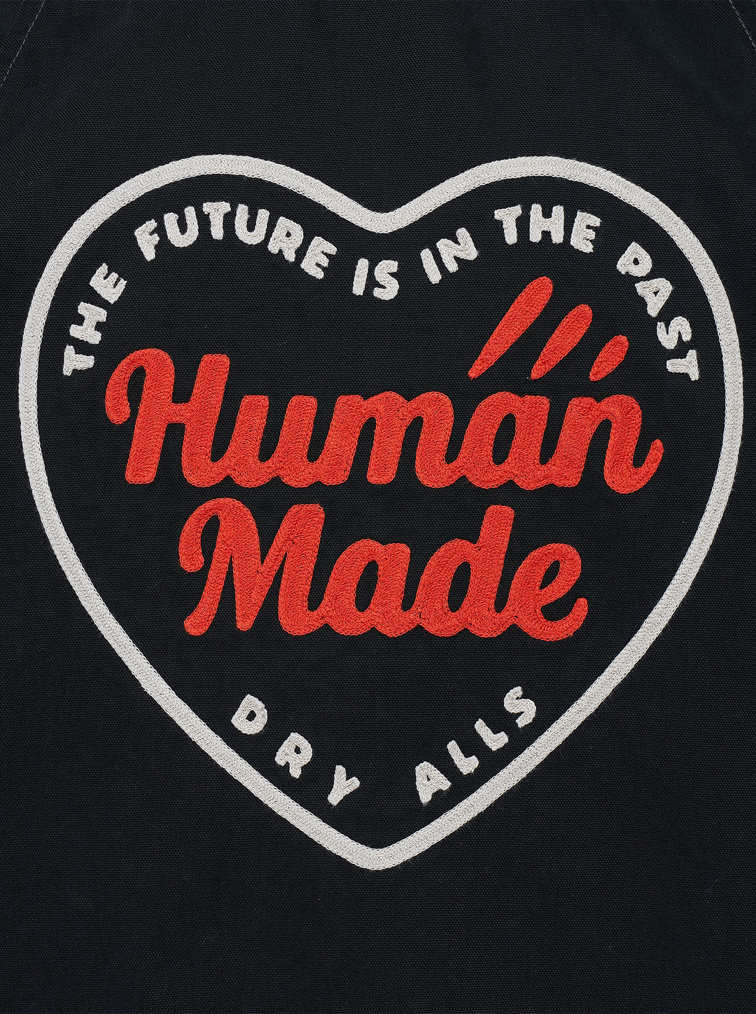 Human Made black zip-up work jacket with corduroy collar, brass two-way zip and embroidered red and white heart logo patch on the chest - view 3