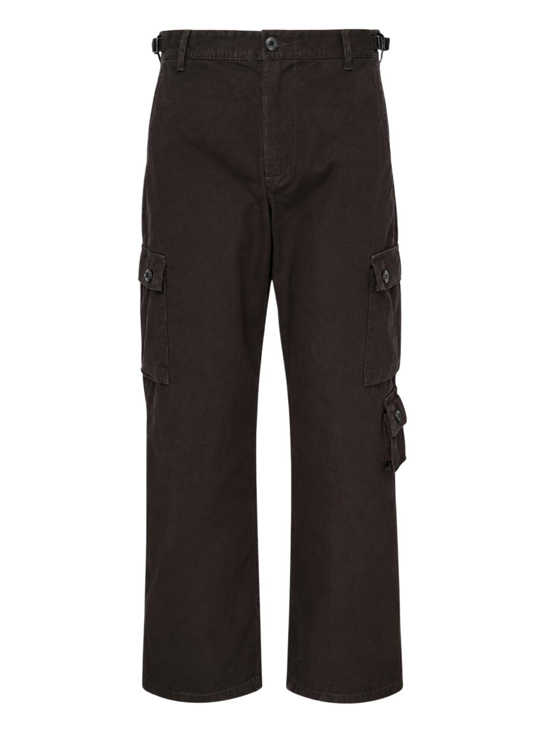 Human Made multi-pocket cargo pants in dark espresso brown, featuring a wide-leg silhouette, buckle waistband, and multiple buttoned utility cargo pockets