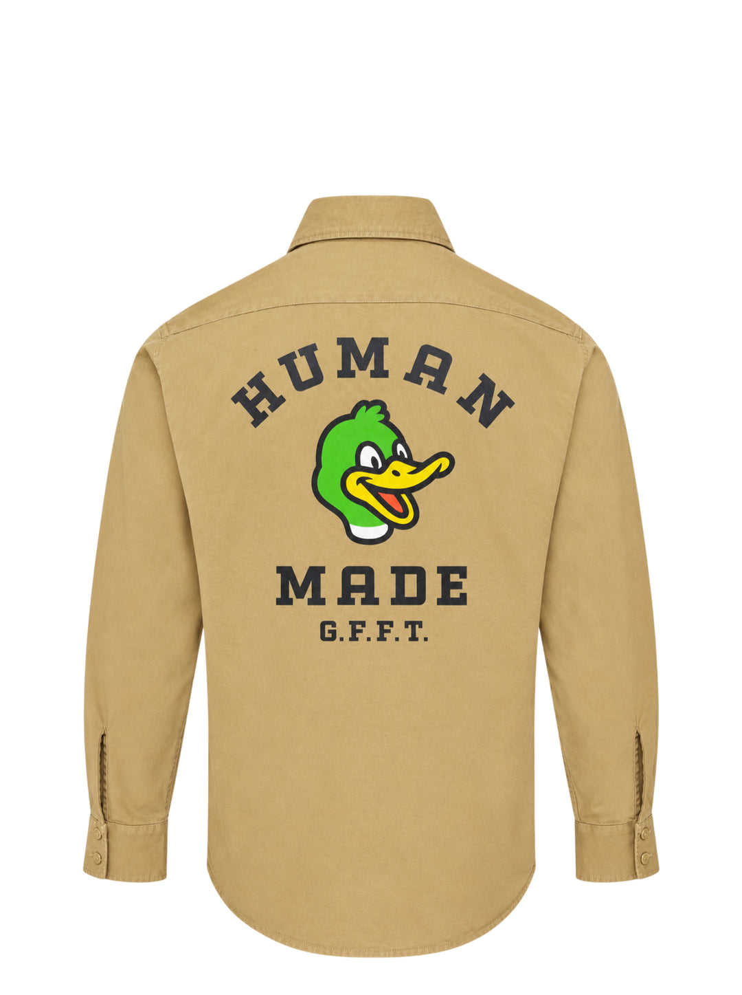 Human Made Twill Epaulette Long Sleeve Shirt in khaki cotton twill, featuring epaulette shoulders, twin flap chest pockets, button-down front placket, and a woven Human Made branding patch on the chest - view 2