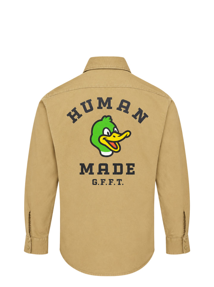 Human Made Twill Epaulette Long Sleeve Shirt in khaki cotton twill, featuring epaulette shoulders, twin flap chest pockets, button-down front placket, and a woven Human Made branding patch on the chest - view 2