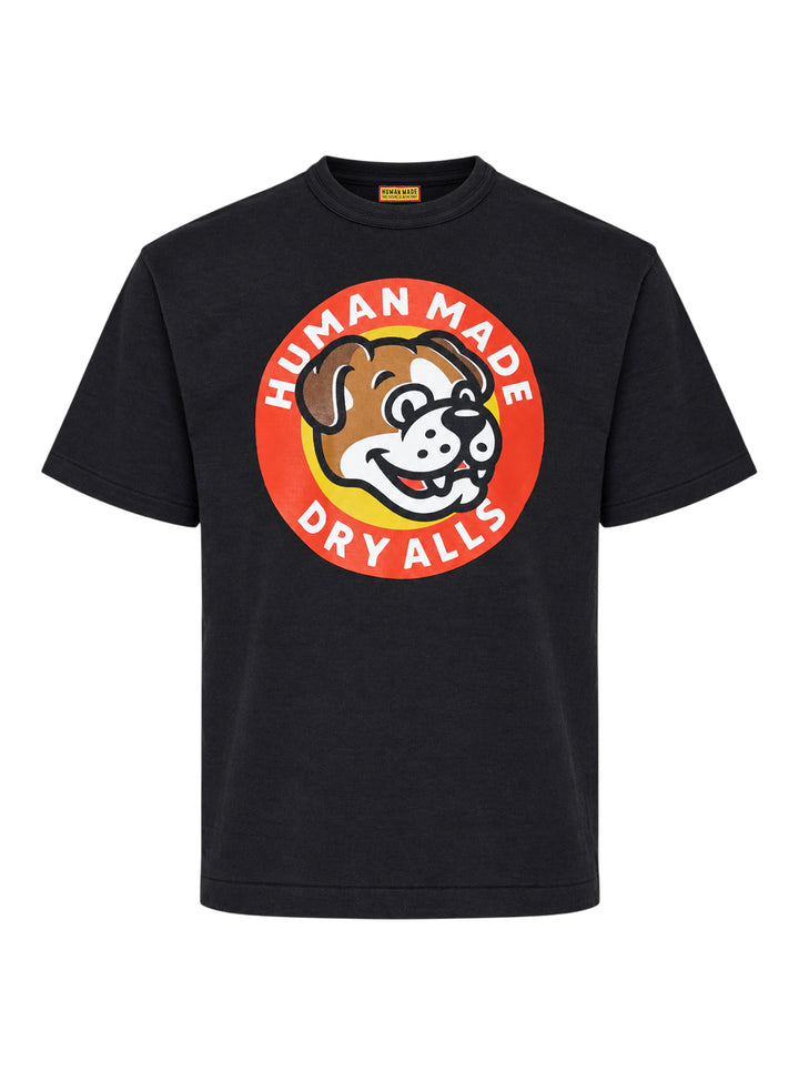 Human Made Dry Alls Graphic Tee in black, featuring a large circular bulldog mascot badge print at the chest with red, yellow, and white detailing