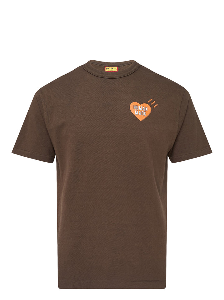 Human Made brown short-sleeve graphic T-shirt with an orange heart logo print at the chest and a red woven label at the neck