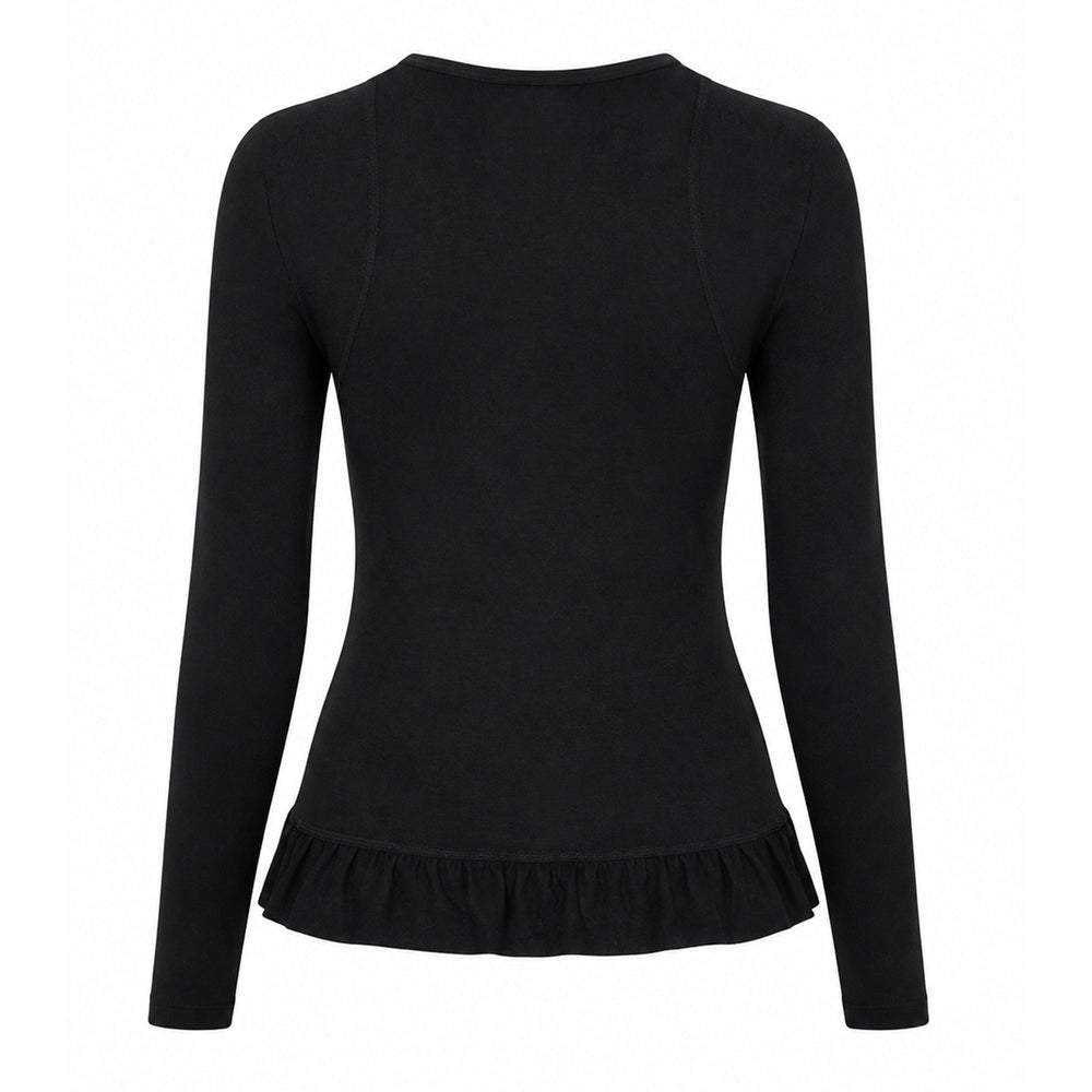 The Loom Atelier Dual Line Peplum Tee in black — long-sleeve fitted jersey top with gathered ruffle peplum hem and crew neckline, front view on a flat lay - view 2