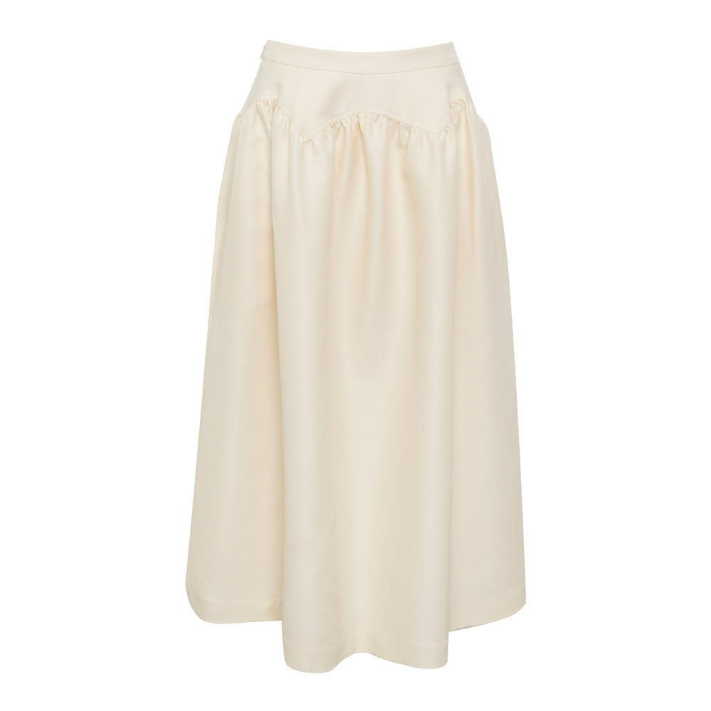 The Loom Atelier Arc-Line Full Skirt in cream, featuring a structured waistband, curved gathered yoke seam, and voluminous midi-length A-line silhouette, photographed on a white background - view 2
