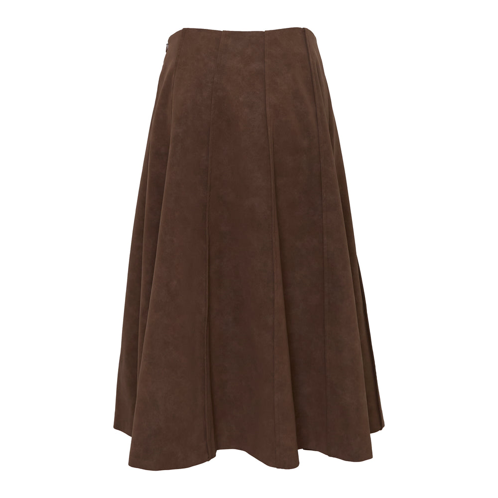 The Loom Atelier Suede Aura Midi Skirt in chocolate brown, featuring a fitted waistband, vertical panel seaming, and an A-line silhouette with a scalloped hem - view 2