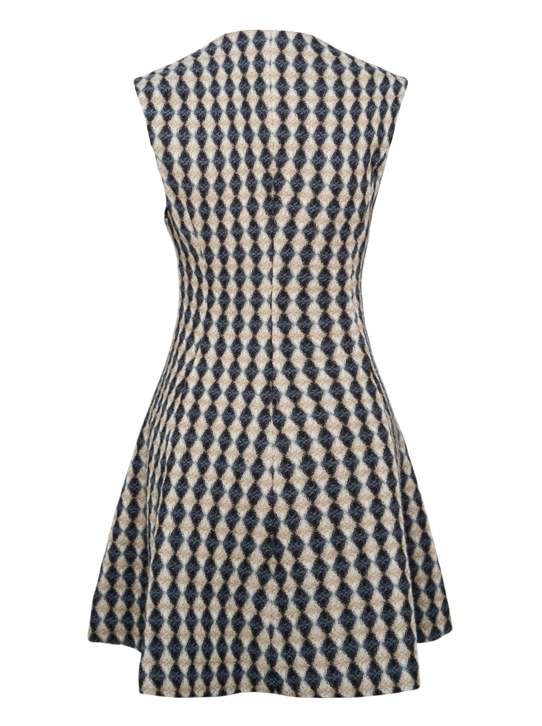 MSGM sleeveless fit-and-flare dress in beige and charcoal diamond harlequin check with full-length dark button fastening - view 2