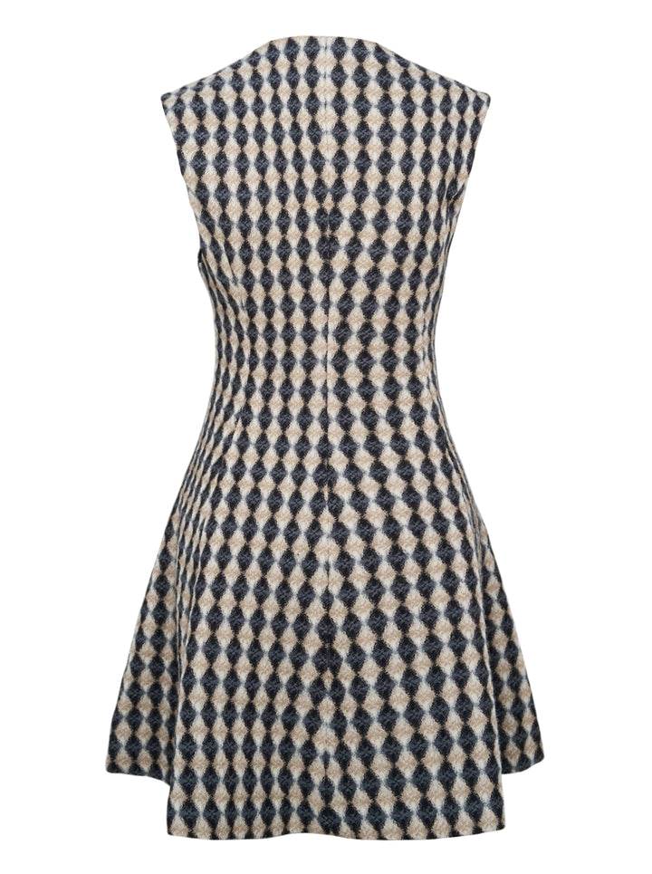 MSGM sleeveless fit-and-flare dress in beige and charcoal diamond harlequin check with full-length dark button fastening - view 2