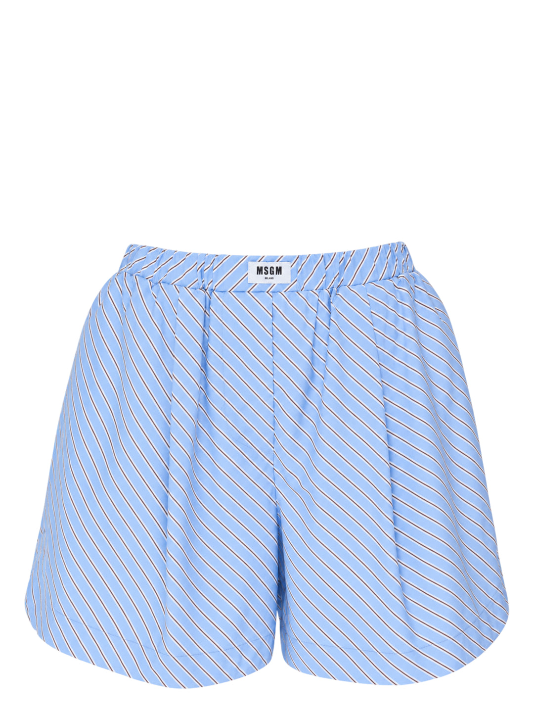 MSGM diagonal stripe shorts in light blue with a flared silhouette, elasticated waistband, and woven MSGM Milano label, front view on white background