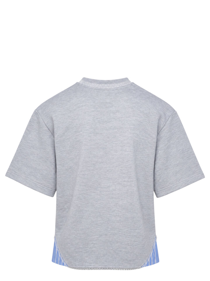 MSGM grey marl short sleeve T-shirt with blue striped fabric inserts at the hem, lace trim at the neckline, and embroidered MSGM script logo at the chest - view 2