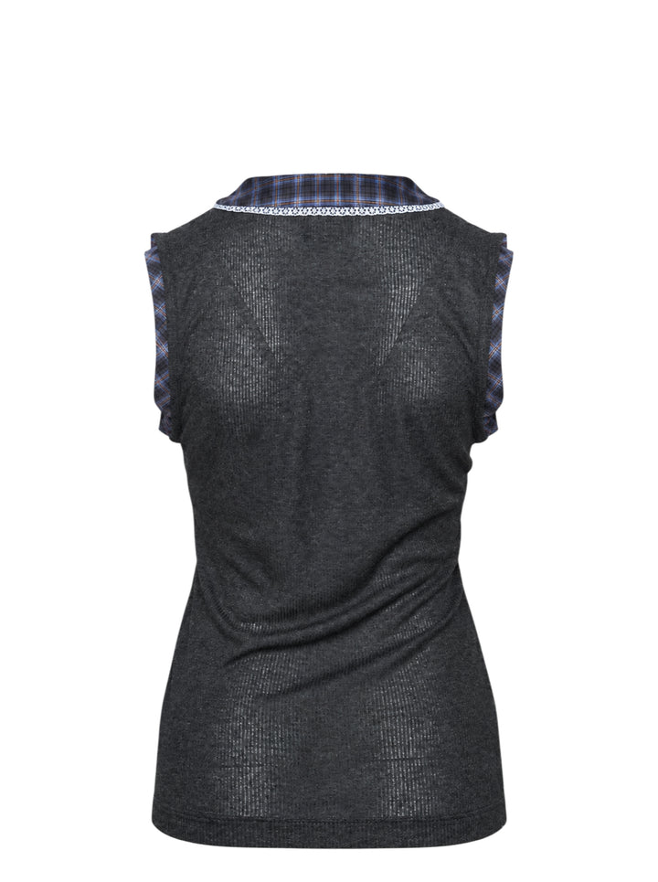 MSGM charcoal fine-knit sleeveless tank top with plaid checkered collar and shoulder trims, lace-edged button placket, and embroidered script logo on the chest - view 2