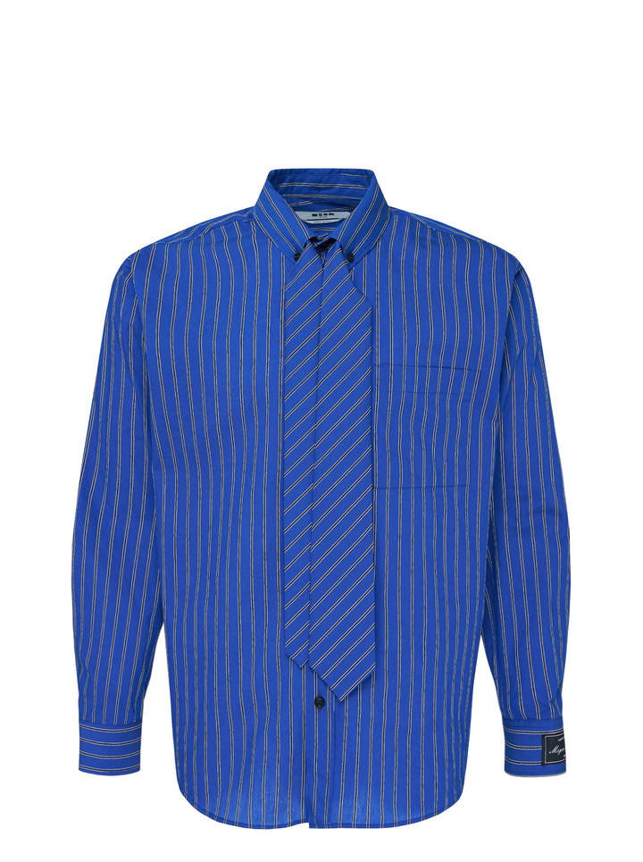 MSGM cobalt blue vertical-stripe oversized long sleeve shirt with an attached diagonal-stripe necktie integrated at the placket, featuring a button-down collar and branded cuff label