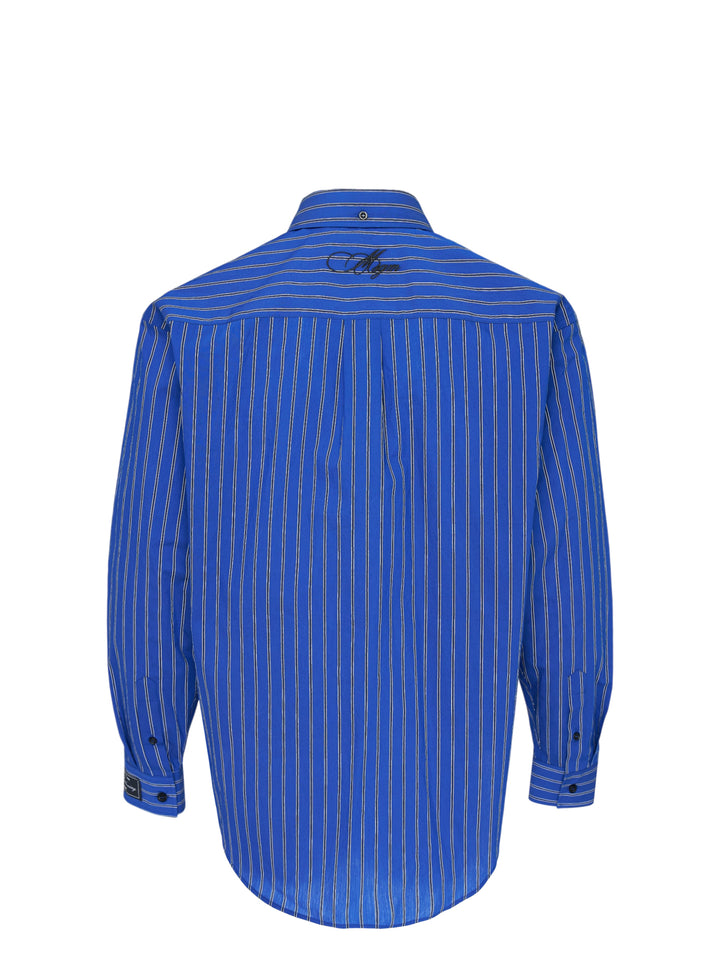 MSGM cobalt blue vertical-stripe oversized long sleeve shirt with an attached diagonal-stripe necktie integrated at the placket, featuring a button-down collar and branded cuff label - view 2