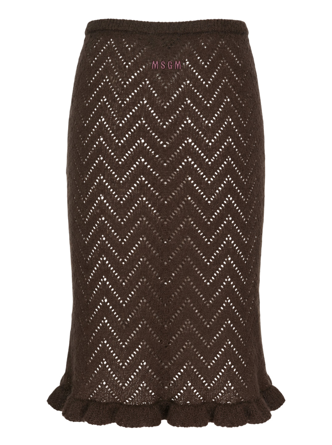 MSGM dark brown chevron pointelle knit midi skirt with ribbed waistband, pearl pin detail, and fluted ruffle hem trim, shown flat on white background - view 2