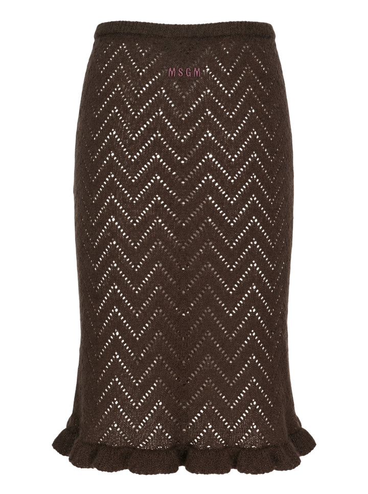 MSGM dark brown chevron pointelle knit midi skirt with ribbed waistband, pearl pin detail, and fluted ruffle hem trim, shown flat on white background - view 2
