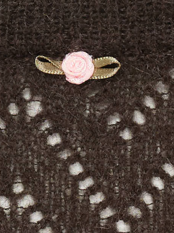 MSGM dark brown chevron pointelle knit midi skirt with ribbed waistband, pearl pin detail, and fluted ruffle hem trim, shown flat on white background - view 3