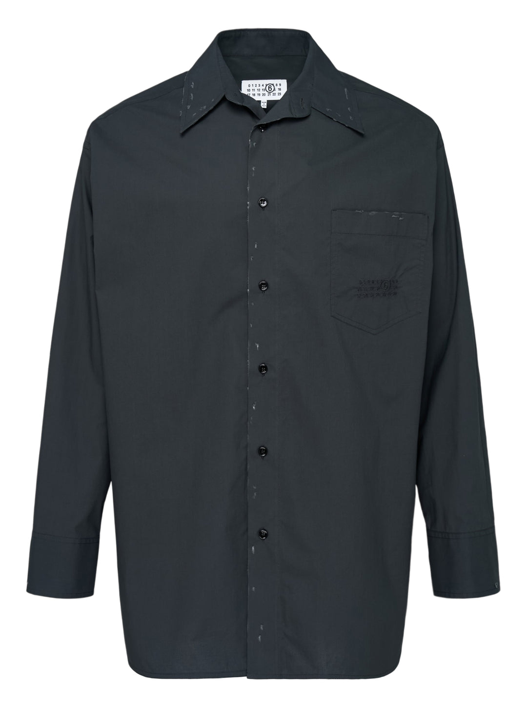 MM6 Maison Margiela long sleeve cotton poplin shirt in charcoal with distressed paint-effect trim and embroidered chest pocket, front view
