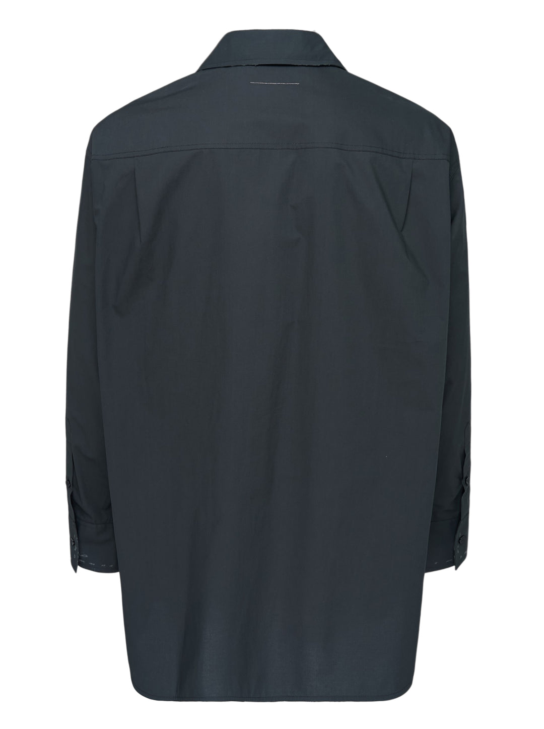 MM6 Maison Margiela long sleeve cotton poplin shirt in charcoal with distressed paint-effect trim and embroidered chest pocket, front view - view 2