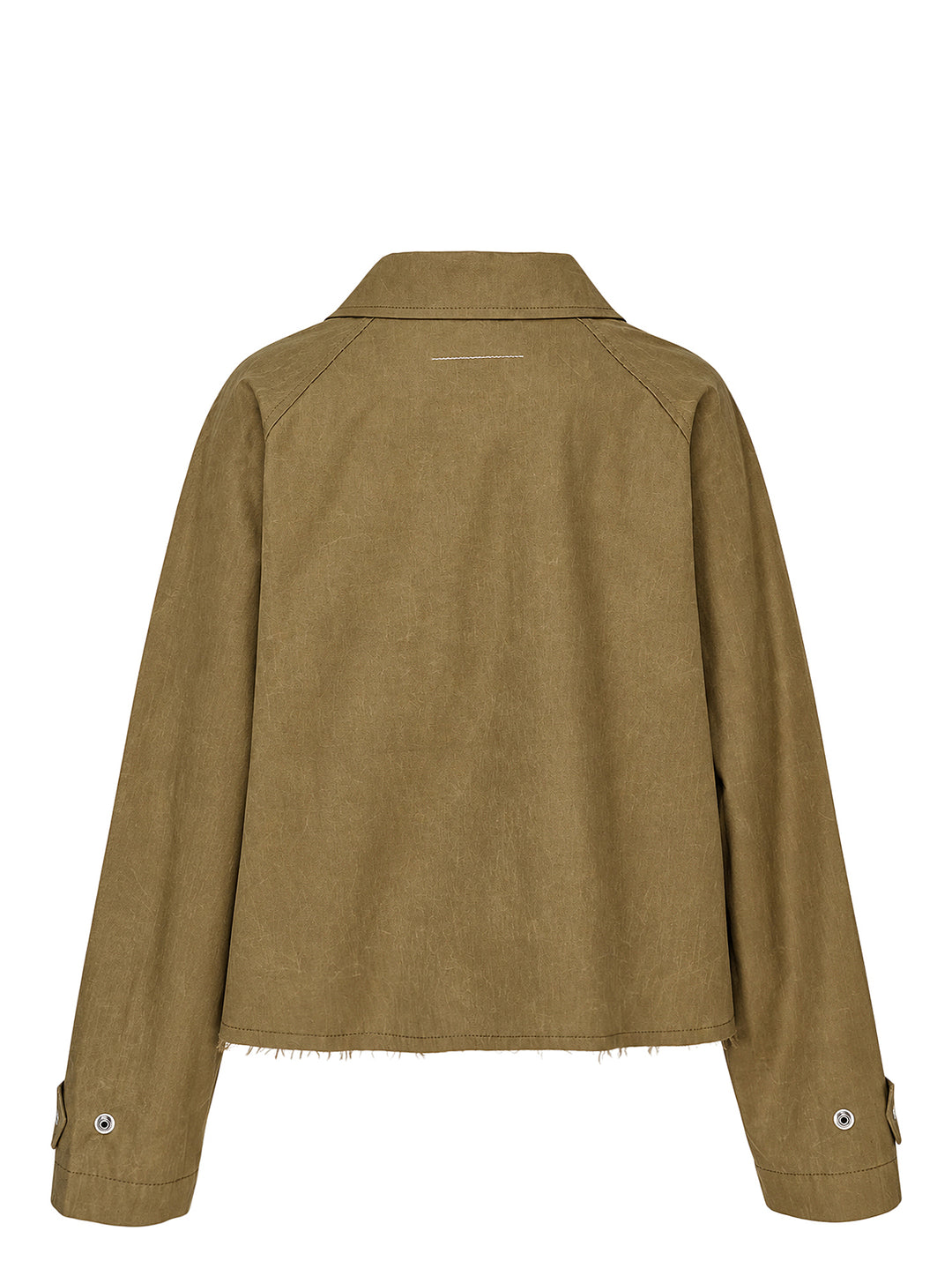 MM6 Maison Margiela cropped khaki coated trench jacket with raglan sleeves, snap front closure, pointed collar and raw frayed hem - view 2