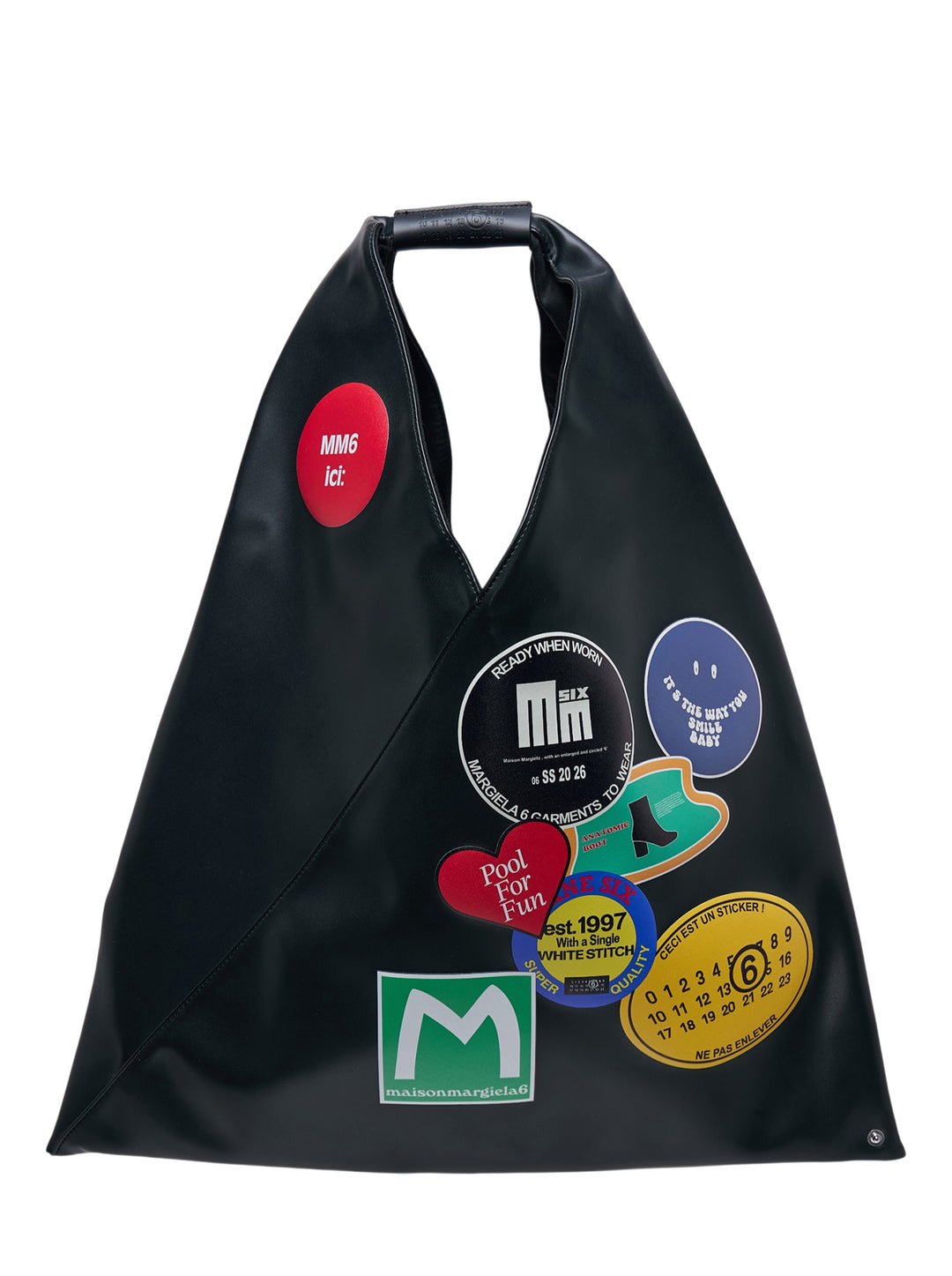 MM6 Maison Margiela Classic Japanese black triangular tote bag with colourful sticker graphics and a single top handle