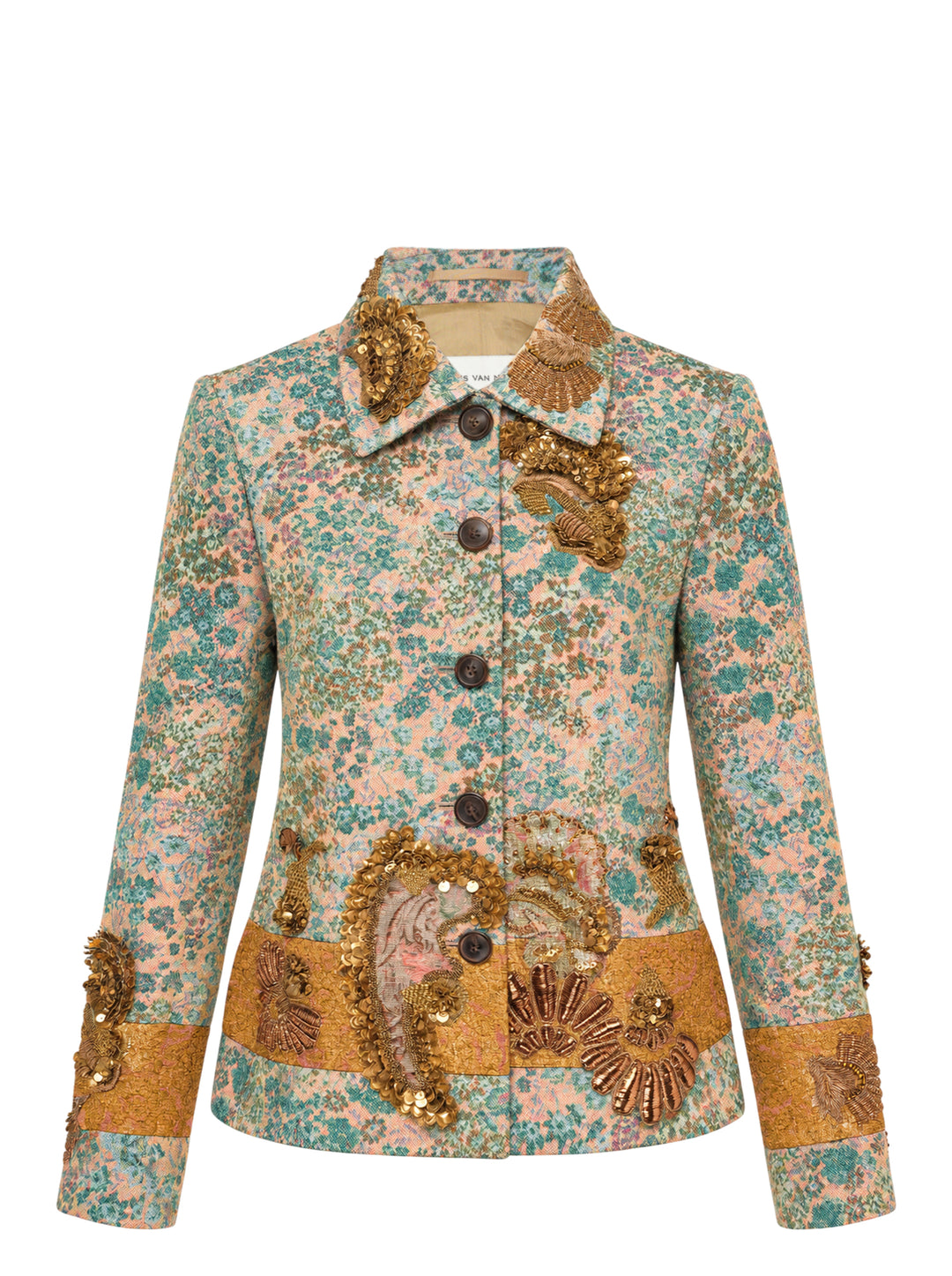 Dries Van Noten lightweight floral jacquard jacket in teal and blush with gold sequin and beaded embroidery, button front and gold brocade hem and cuffs
