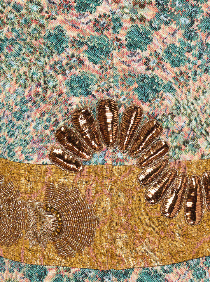 Dries Van Noten lightweight floral jacquard jacket in teal and blush with gold sequin and beaded embroidery, button front and gold brocade hem and cuffs - view 3