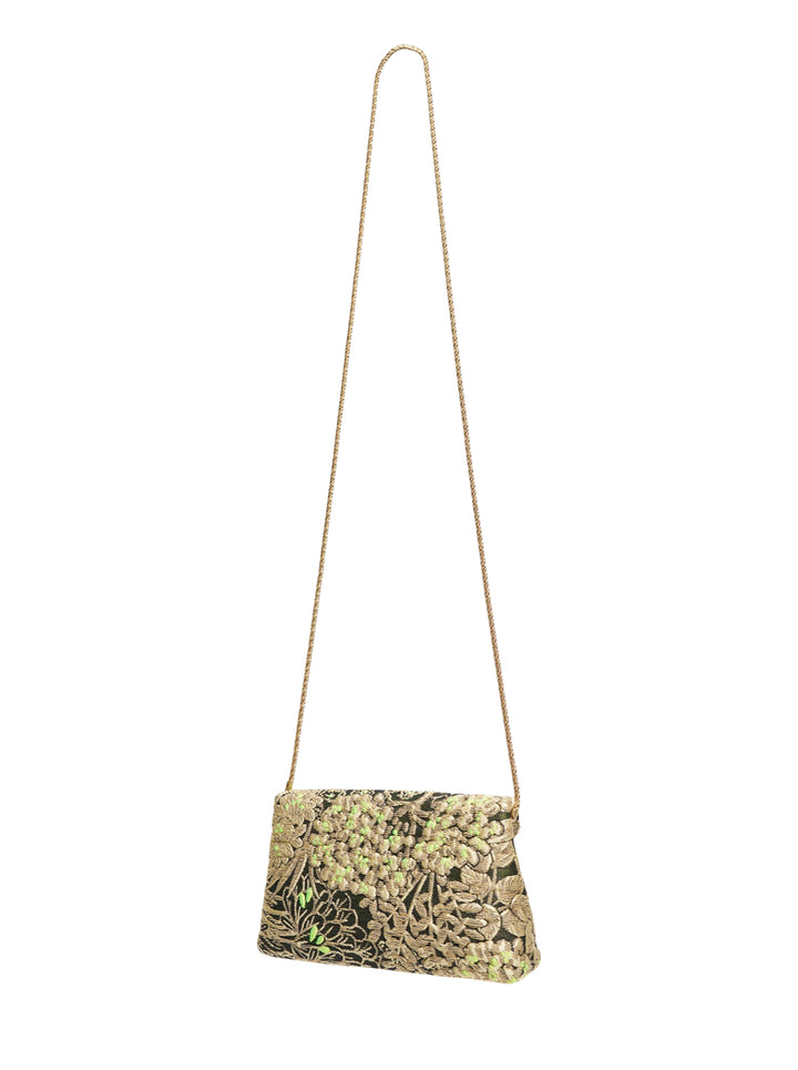 Dries Van Noten small floral brocade envelope crossbody bag with braided gold chain strap, featuring gold and neon-green botanical embroidery on a dark jacquard ground - view 2