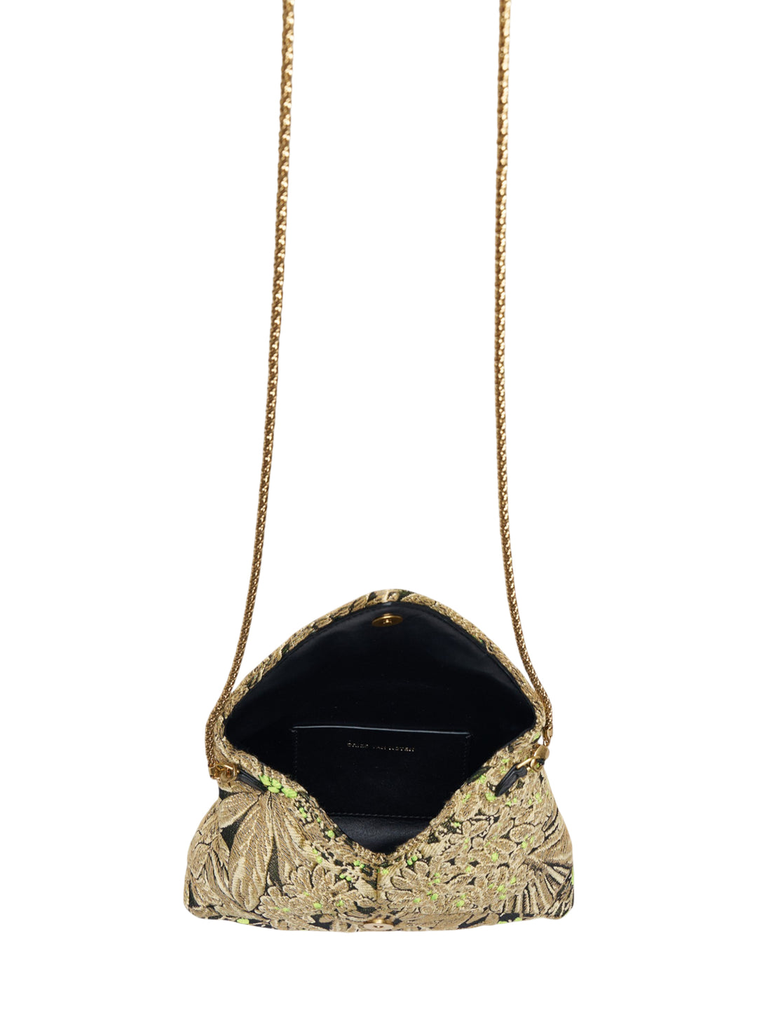 Dries Van Noten small floral brocade envelope crossbody bag with braided gold chain strap, featuring gold and neon-green botanical embroidery on a dark jacquard ground - view 3
