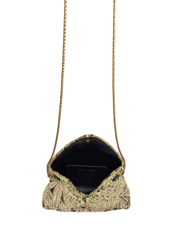 Dries Van Noten small floral brocade envelope crossbody bag with braided gold chain strap, featuring gold and neon-green botanical embroidery on a dark jacquard ground - view 3