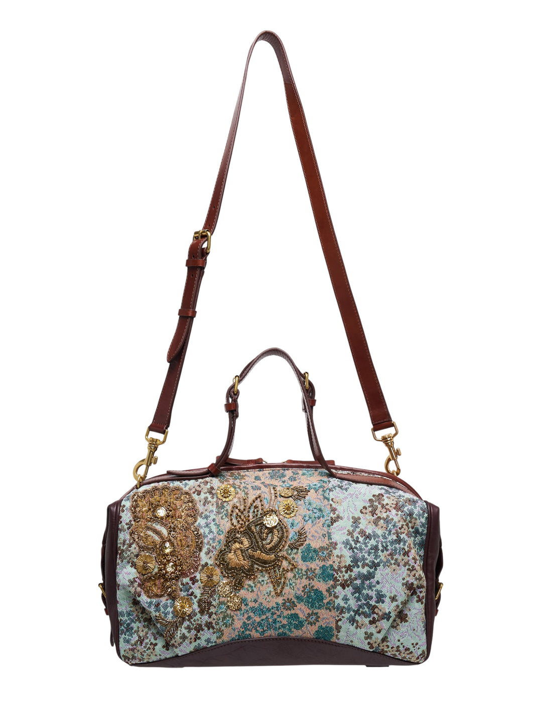 Dries Van Noten medium east-west zip tote in floral jacquard with beaded gold embroidered appliqués, brown leather trim, top handle and adjustable shoulder strap