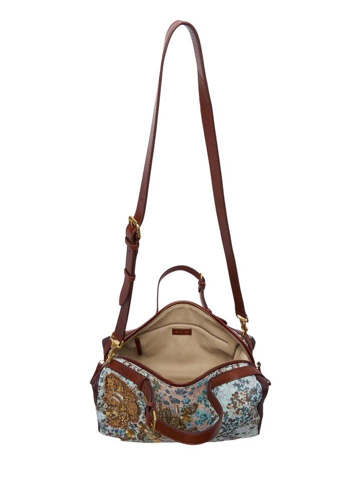 Dries Van Noten medium east-west zip tote in floral jacquard with beaded gold embroidered appliqués, brown leather trim, top handle and adjustable shoulder strap - view 3