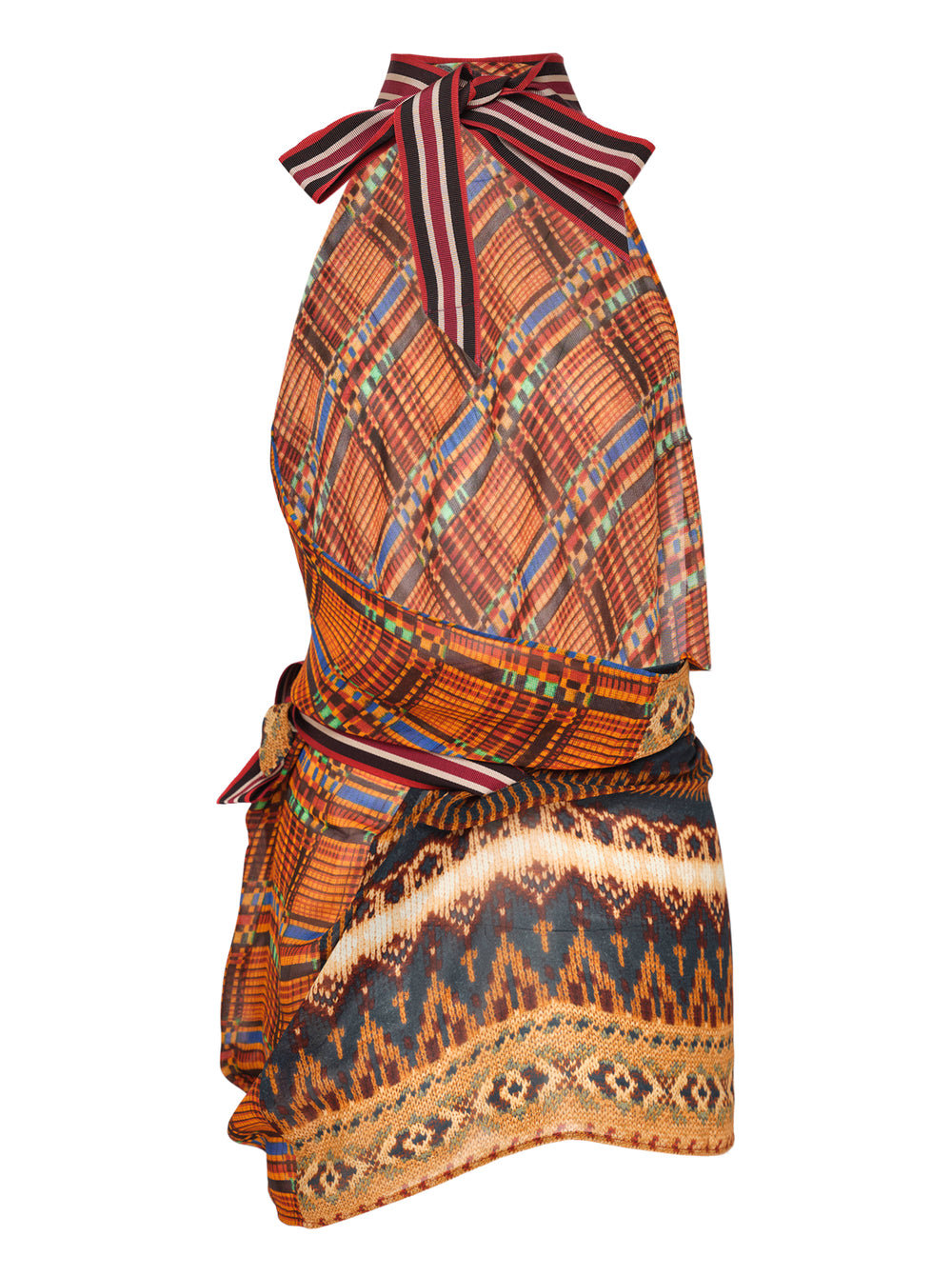 Dries Van Noten Foulard Wrap Skirt with kente-inspired mesh halterneck bodice, striped ribbed collar, and ikat-border draped wrap skirt in amber, charcoal, and burgundy - view 2