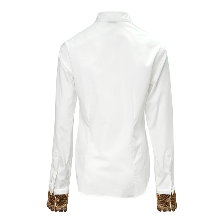 Dries Van Noten white long-sleeve blouse with ornate gold beaded and embroidered cuffs, front view on a ghost mannequin - view 2