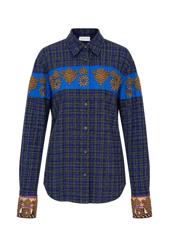 Dries Van Noten blue and green brushed flannel check shirt with cobalt chest band, gold embroidered motifs and embellished cuffs