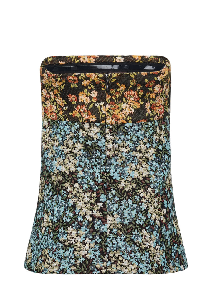 Dries Van Noten structured strapless bustier top in mixed floral jacquard patchwork, featuring a dark-ground botanical upper panel and a blue-ground meadow floral lower panel with a gently flared silhouette - view 2