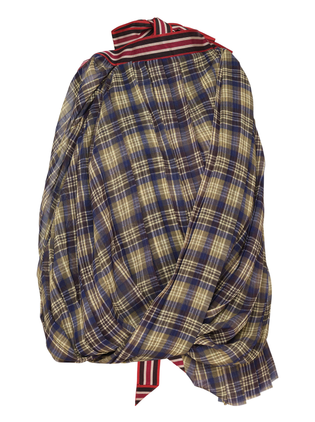 Dries Van Noten asymmetrical pleated top in sheer navy, olive and cream plaid with draped wrap front and striped ribbon bow at the neckline