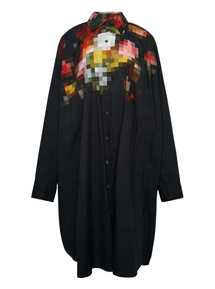 Dries Van Noten oversized black shirt dress with a vivid pixelated multicolour print across the yoke, featuring a button-front placket, point collar, and long sleeves