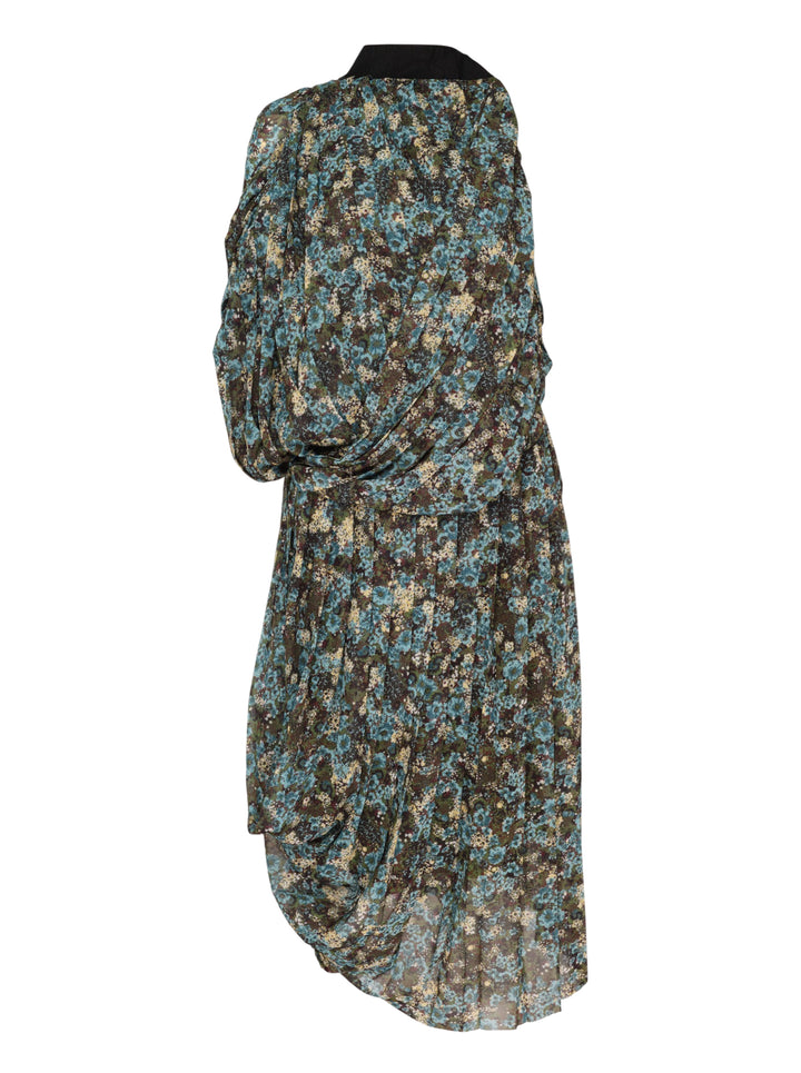 Dries Van Noten asymmetrical pleated dress in a blue, olive, and ivory floral print with draped bodice and ribbed black neckline trim