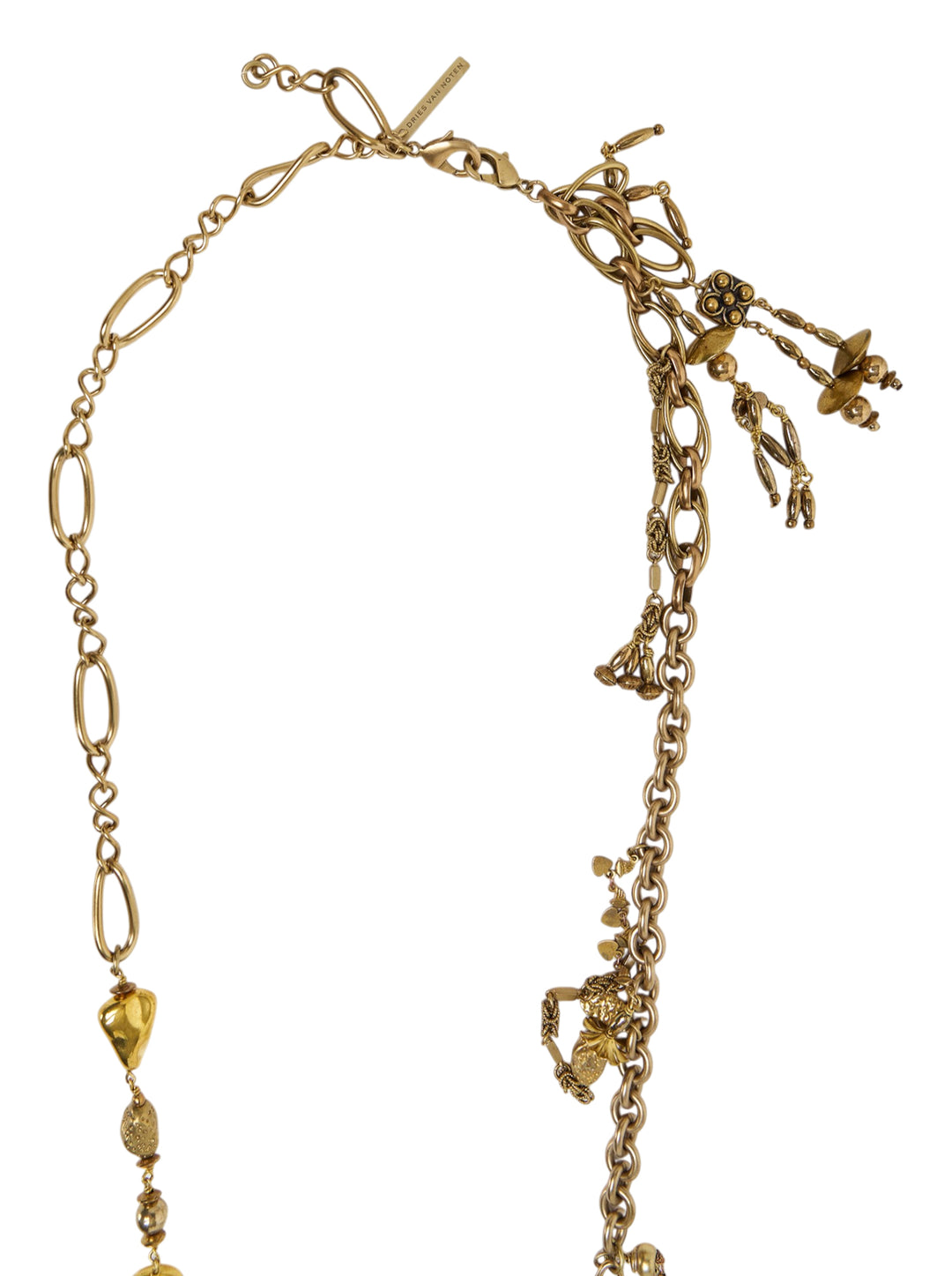 Dries Van Noten long mixed chain charm necklace in antique gold-tone, featuring oval and rolo chain links with an asymmetric cluster of eclectic charms and a toggle clasp closure - view 2
