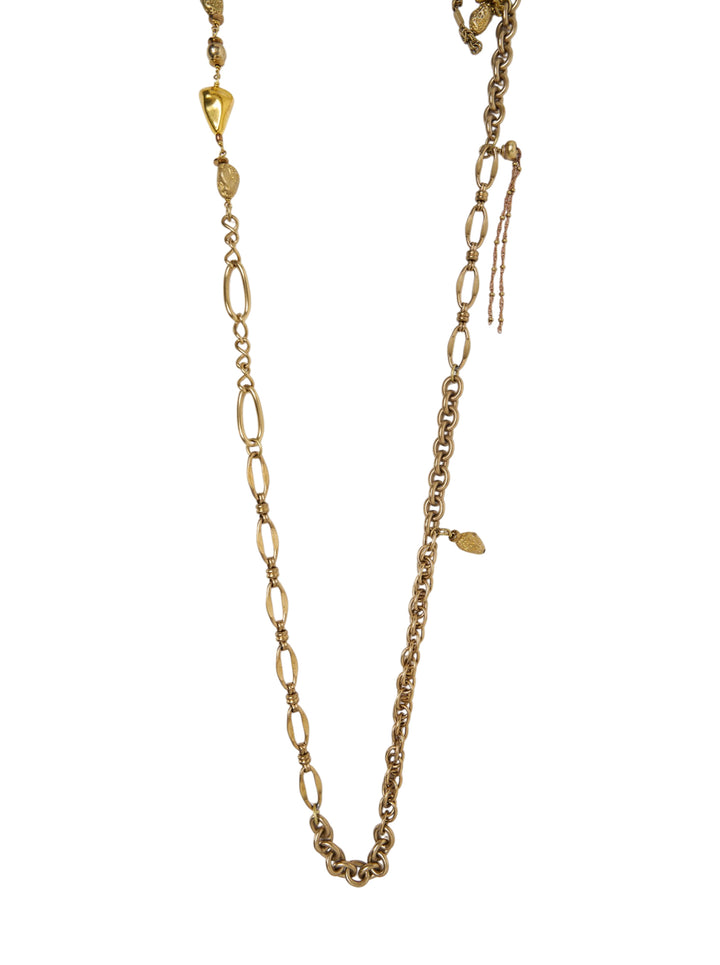 Dries Van Noten long mixed chain charm necklace in antique gold-tone, featuring oval and rolo chain links with an asymmetric cluster of eclectic charms and a toggle clasp closure - view 3