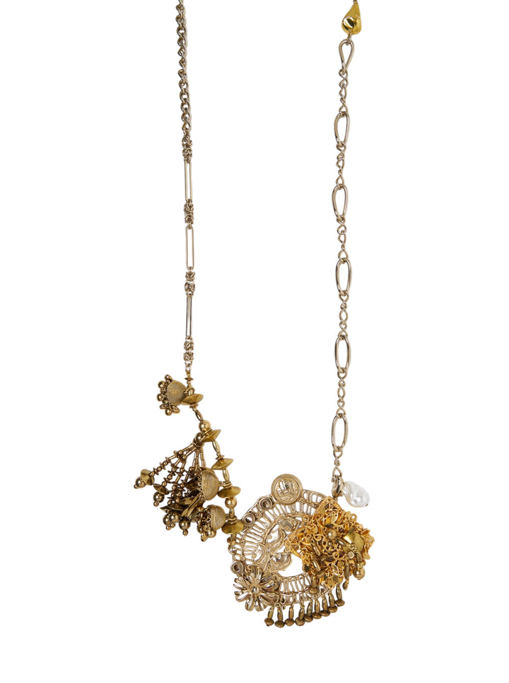 Dries Van Noten handmade long necklace with mixed gold and silver chain, teardrop bead accents, ornate filigree pendant cluster with charm fringe, and a baroque pearl drop, displayed against a white background - view 2