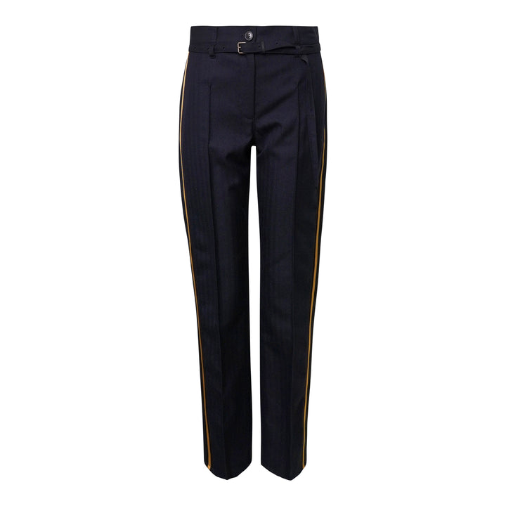 Dries Van Noten navy pleated high-rise trousers with gold contrast stripe along both outer seams and adjustable buckle tab waist closure