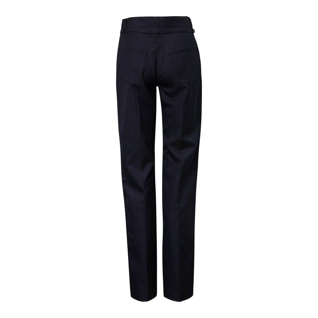 Dries Van Noten navy pleated high-rise trousers with gold contrast stripe along both outer seams and adjustable buckle tab waist closure - view 2